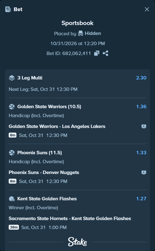 Bet slip: Golden State Warriors - Los Angeles Lakers, $10,000.00 stake at 1.36 odds, placed by Hidden