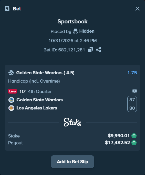 Bet slip: Golden State Warriors - Los Angeles Lakers, $10,000.00 stake at 1.75 odds, placed by Hanselwilliam1