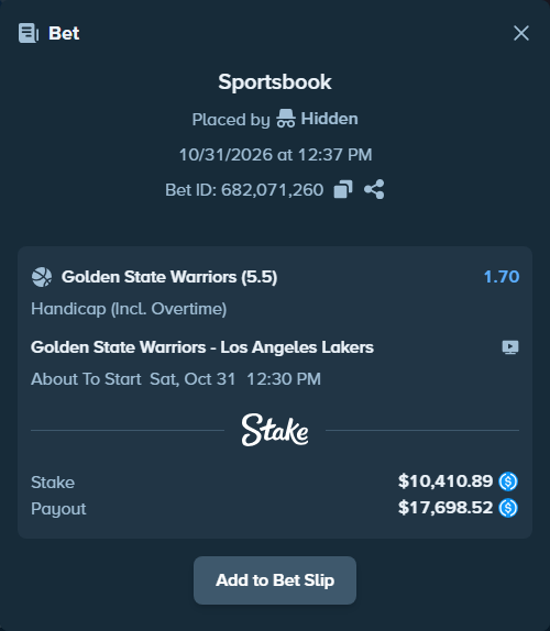 Bet slip: Golden State Warriors - Los Angeles Lakers, $10,410.89 stake at 1.70 odds, placed by Hidden