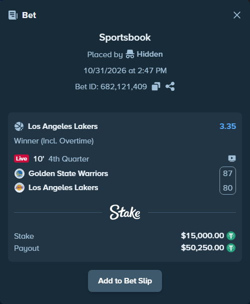Bet slip: Golden State Warriors - Los Angeles Lakers, $15,015.00 stake at 3.35 odds, placed by Hidden