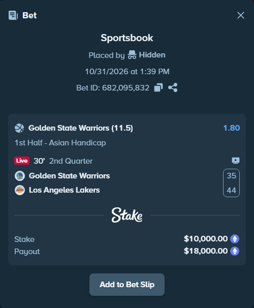 Bet slip: Golden State Warriors - Los Angeles Lakers, $9,974.69 stake at 1.80 odds, placed by siarnep36