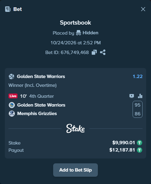 Bet slip: Golden State Warriors - Memphis Grizzlies, $10,000.00 stake at 1.22 odds, placed by Hanselwilliam1