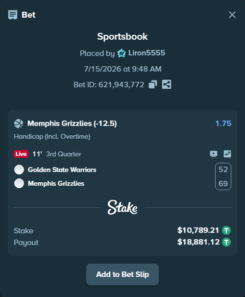 Bet slip: Golden State Warriors - Memphis Grizzlies, $10,800.00 stake at 1.75 odds, placed by Liron5555