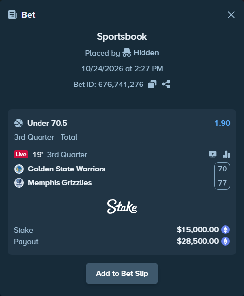 Bet slip: Golden State Warriors - Memphis Grizzlies, $14,951.09 stake at 1.90 odds, placed by Jollysea