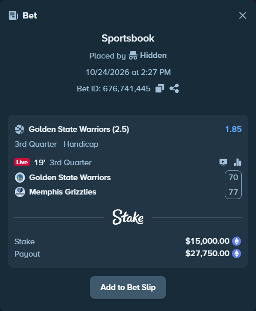 Bet slip: Golden State Warriors - Memphis Grizzlies, $14,951.09 stake at 1.85 odds, placed by Jollysea