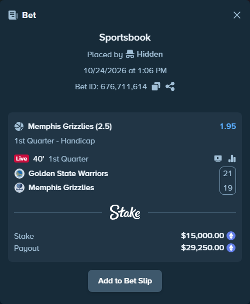 Bet slip: Golden State Warriors - Memphis Grizzlies, $15,006.97 stake at 1.95 odds, placed by Jollysea