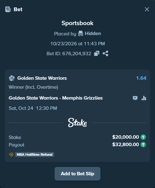 Bet slip: Golden State Warriors - Memphis Grizzlies, $20,020.00 stake at 1.64 odds, placed by erlendw00