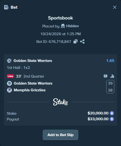 Bet slip: Golden State Warriors - Memphis Grizzlies, $19,990.26 stake at 1.65 odds, placed by Jollysea