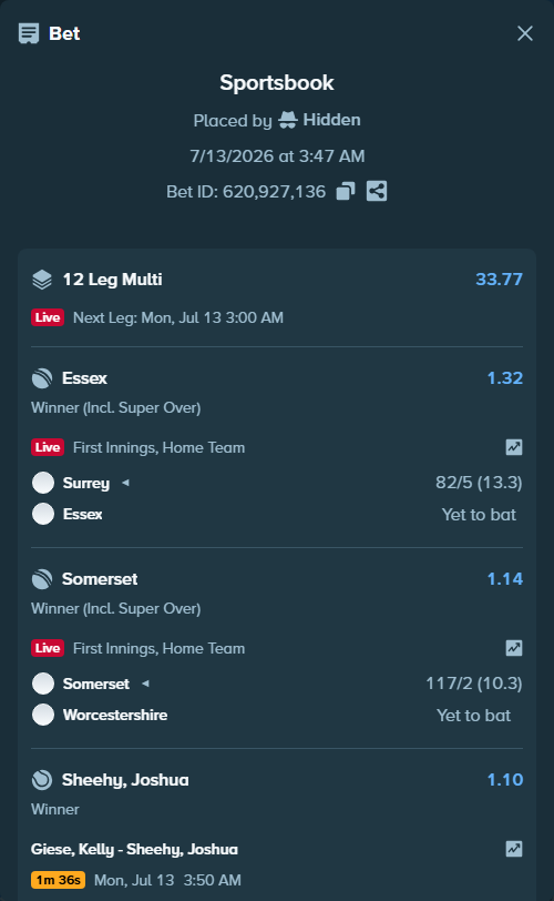 Bet slip: Golden State Warriors - Oklahoma City Thunder, $10,000.00 stake at 1.34 odds, placed by Hidden