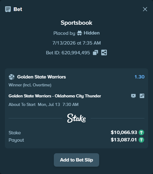 Bet slip: Golden State Warriors - Oklahoma City Thunder, $10,077.00 stake at 1.30 odds, placed by Hidden