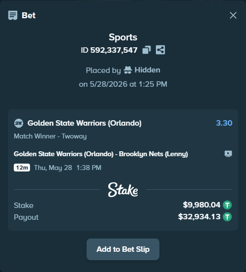 Bet slip: Golden State Warriors (Orlando) - Brooklyn Nets (Lenny), $10,000.00 stake at 3.30 odds, placed by Hidden