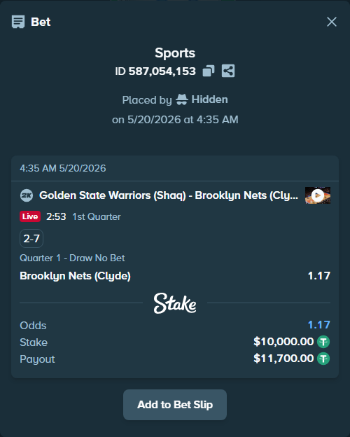 Bet slip: Golden State Warriors (Shaq) - Brooklyn Nets (Clyde), $10,010.00 stake at 1.17 odds, placed by Hidden
