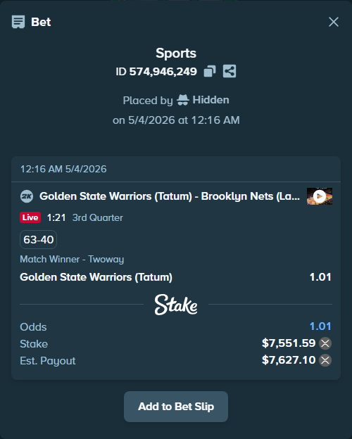 Bet slip: Golden State Warriors (Tatum) - Brooklyn Nets (Larry), $6,232.74 stake at 1.01 odds, placed by Hidden