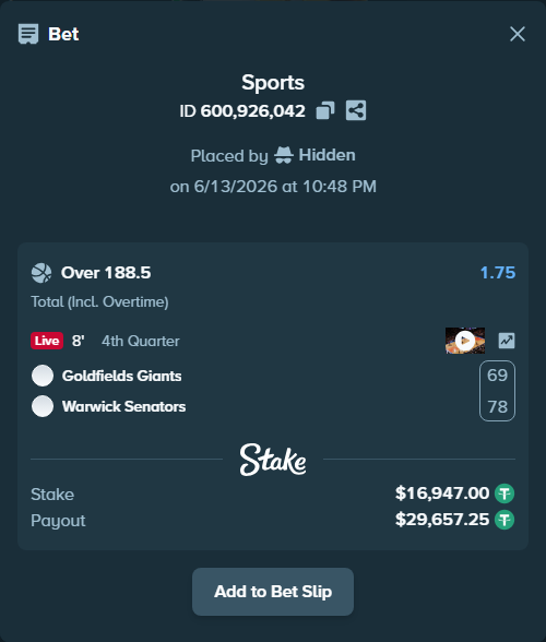 Bet slip: Goldfields Giants - Warwick Senators, $16,963.95 stake at 1.75 odds, placed by Hidden