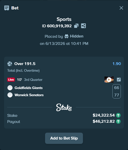 Bet slip: Goldfields Giants - Warwick Senators, $24,346.86 stake at 1.90 odds, placed by Hidden