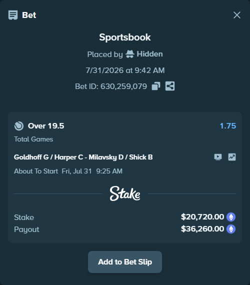 Bet slip: Goldhoff G / Harper C - Milavsky D / Shick B, $20,541.55 stake at 1.75 odds, placed by Hidden