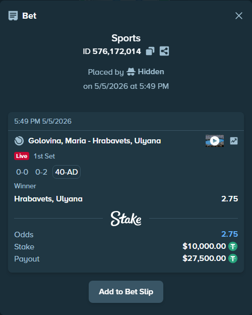 Bet slip: Golovina, Maria - Hrabavets, Ulyana, $10,000.00 stake at 2.75 odds, placed by Hidden