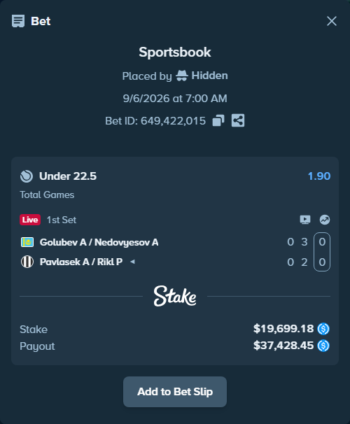 Bet slip: Golubev A / Nedovyesov A - Pavlasek A / Rikl P, $19,699.18 stake at 1.90 odds, placed by Hidden