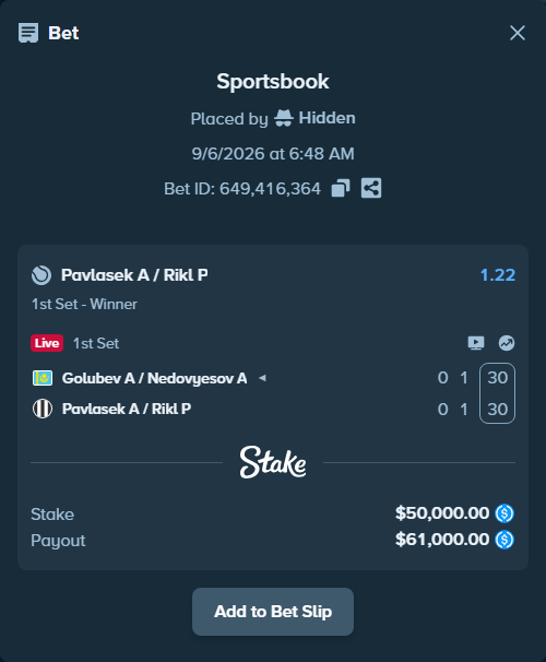 Bet slip: Golubev A / Nedovyesov A - Pavlasek A / Rikl P, $50,000.00 stake at 1.22 odds, placed by Hidden