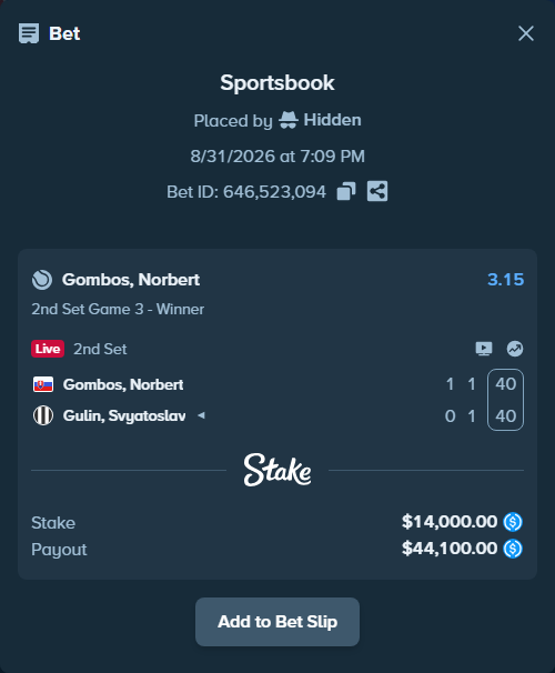 Bet slip: Gombos, Norbert - Gulin, Svyatoslav, $14,000.00 stake at 3.15 odds, placed by Hidden