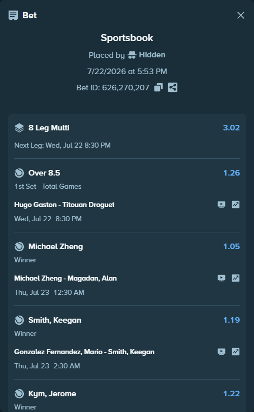 Bet slip: Gonzalez Fernandez, Mario - Keegan Smith, $75,075.00 stake at 1.19 odds, placed by Hidden