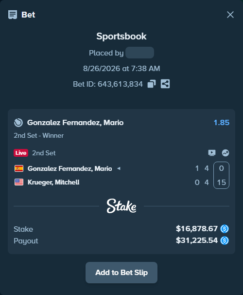 Bet slip: Gonzalez Fernandez, Mario - Krueger, Mitchell, $16,878.67 stake at 1.85 odds, placed by piropiro12