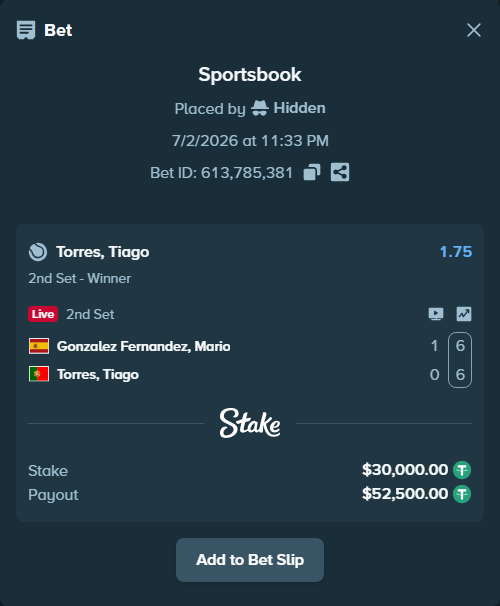 Bet slip: Gonzalez Fernandez, Mario - Torres, Tiago, $30,030.00 stake at 1.75 odds, placed by Hidden