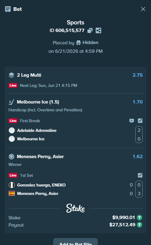 Bet slip: Gonzalez huerga, ENEKO - Meneses Perny, Asier, $10,000.00 stake at 1.62 odds, placed by Hidden