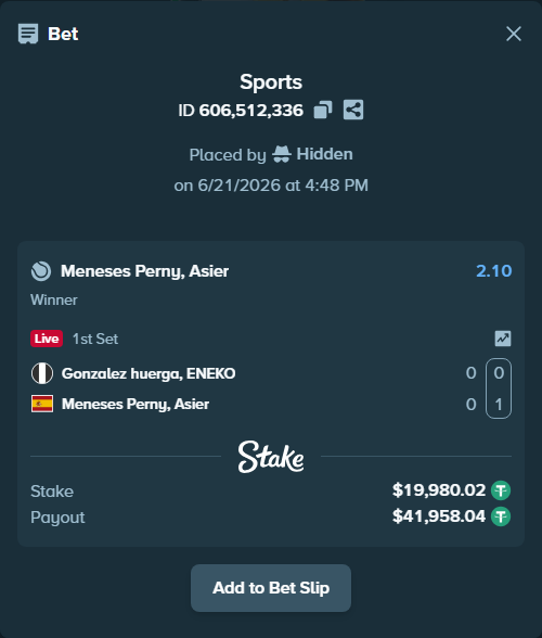 Bet slip: Gonzalez huerga, ENEKO - Meneses Perny, Asier, $20,000.00 stake at 2.10 odds, placed by Hidden