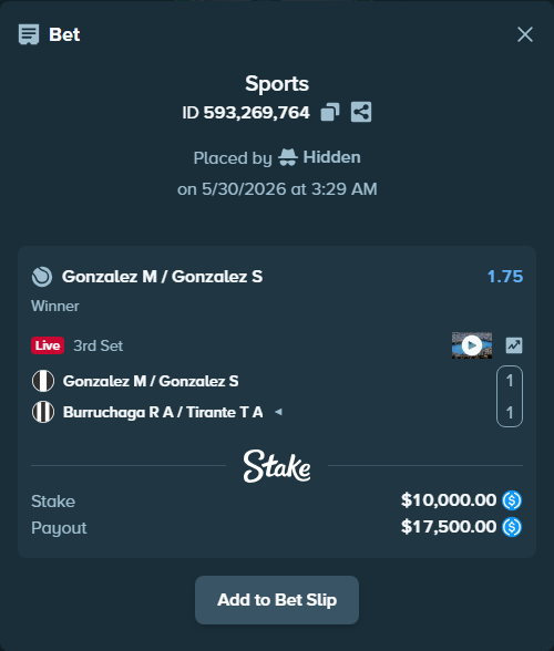 Bet slip: Gonzalez M / Gonzalez S - Burruchaga R A / Tirante T A, $10,010.00 stake at 1.75 odds, placed by Hidden