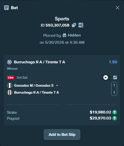 Bet slip: Gonzalez M / Gonzalez S - Burruchaga R A / Tirante T A, $20,000.00 stake at 1.50 odds, placed by Hidden
