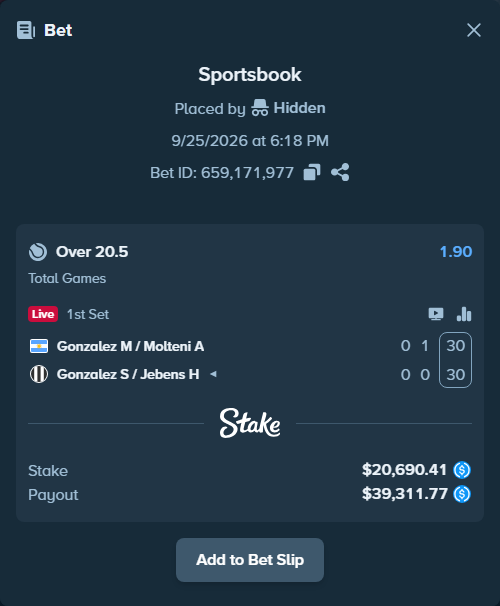 Bet slip: Gonzalez M / Molteni A - Gonzalez S / Jebens H, $20,690.41 stake at 1.90 odds, placed by Hidden