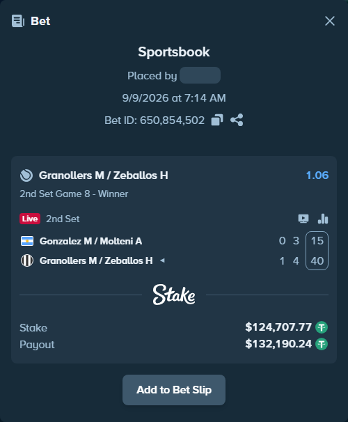 Bet slip: Gonzalez M / Molteni A - Granollers M / Zeballos H, $124,707.77 stake at 1.06 odds, placed by DooDLeZ1love