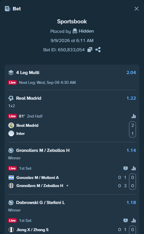 Bet slip: Gonzalez M / Molteni A - Granollers M / Zeballos H, $57,000.00 stake at 1.14 odds, placed by Hidden