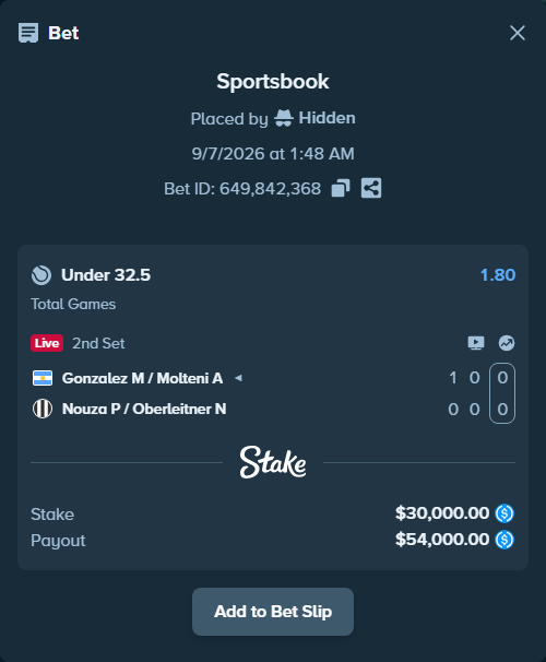Bet slip: Gonzalez M / Molteni A - Nouza P / Oberleitner N, $30,000.00 stake at 1.80 odds, placed by Hidden