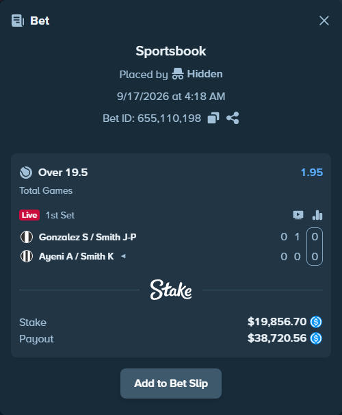 Bet slip: Gonzalez S / Smith J-P - Ayeni A / Smith K, $19,856.70 stake at 1.95 odds, placed by Hidden