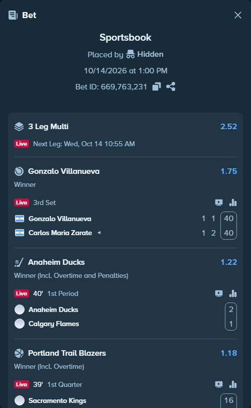 Bet slip: Gonzalo Villanueva - Carlos Maria Zarate, $10,000.00 stake at 1.75 odds, placed by Hidden