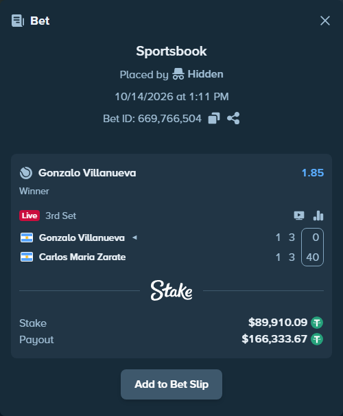 Bet slip: Gonzalo Villanueva - Carlos Maria Zarate, $90,000.00 stake at 1.85 odds, placed by Hidden