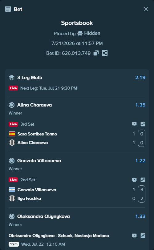 Bet slip: Gonzalo Villanueva - Ilya Ivashka, $10,000.00 stake at 1.22 odds, placed by Hidden