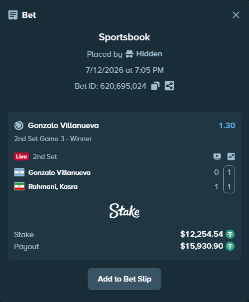 Bet slip: Gonzalo Villanueva - Rahmani, Kasra, $12,266.79 stake at 1.30 odds, placed by Hidden