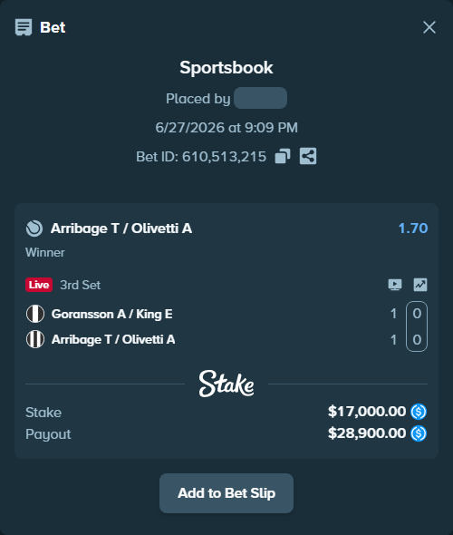 Bet slip: Goransson A / King E - Arribage T / Olivetti A, $17,000.00 stake at 1.70 odds, placed by piropiro12
