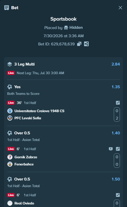 Bet slip: Gornik Zabrze - Fenerbahce Istanbul, $14,413.43 stake at 1.40 odds, placed by Hidden
