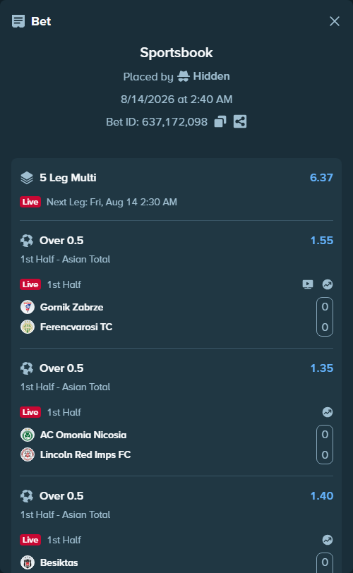 Bet slip: Gornik Zabrze - Ferencvarosi Budapest, $35,476.83 stake at 1.55 odds, placed by Hidden