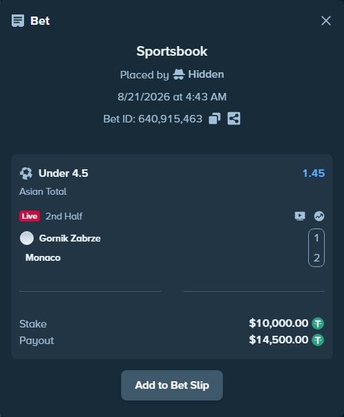 Bet slip: Gornik Zabrze - Monaco, $10,000.00 stake at 1.45 odds, placed by Jason8765