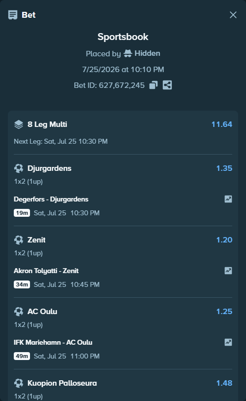 Bet slip: Gornik Zabrze - WKS Slask Wroclaw, $41,048.49 stake at 1.45 odds, placed by Hidden