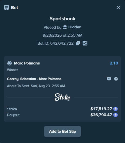 Bet slip: Gorzny, Sebastian - Marc Polmans, $17,542.53 stake at 2.10 odds, placed by Hidden