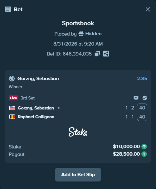 Bet slip: Gorzny, Sebastian - Raphael Collignon, $10,000.00 stake at 2.85 odds, placed by Hidden
