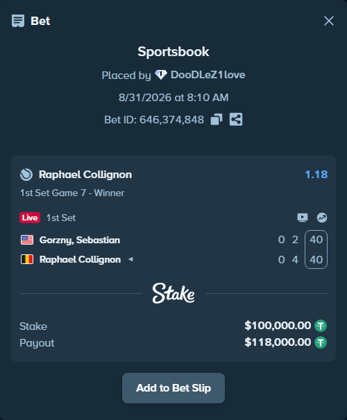 Bet slip: Gorzny, Sebastian - Raphael Collignon, $100,000.00 stake at 1.18 odds, placed by DooDLeZ1love