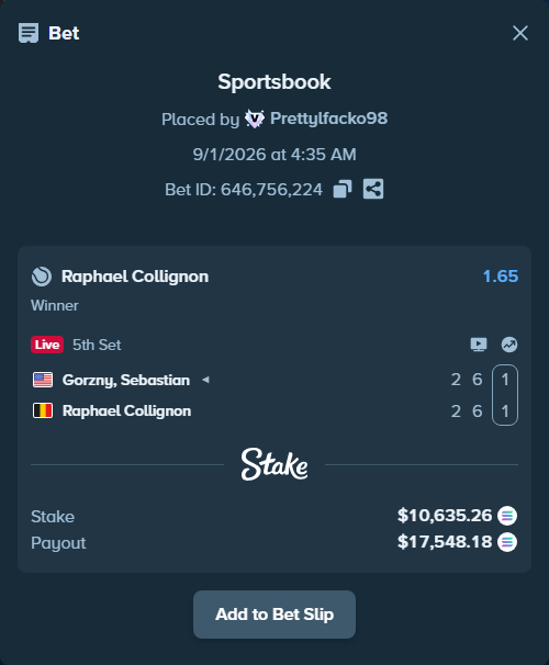 Bet slip: Gorzny, Sebastian - Raphael Collignon, $10,547.74 stake at 1.65 odds, placed by Prettylfacko98