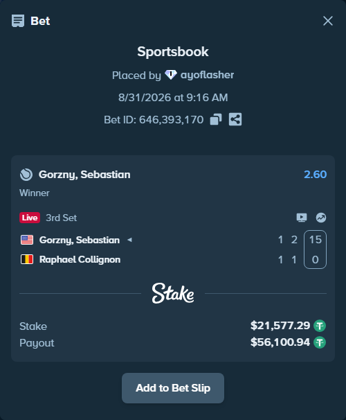 Bet slip: Gorzny, Sebastian - Raphael Collignon, $21,577.29 stake at 2.60 odds, placed by ayoflasher